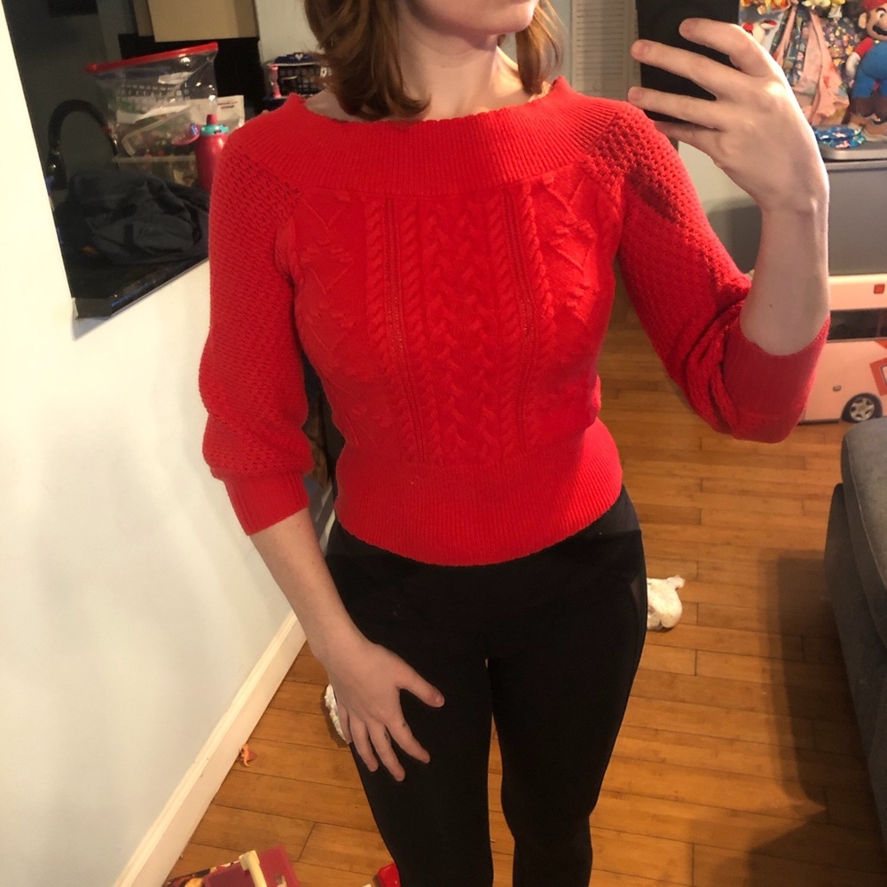 “Willow root” Blood orange cable knit sweater with 3/4 balloon sleeves